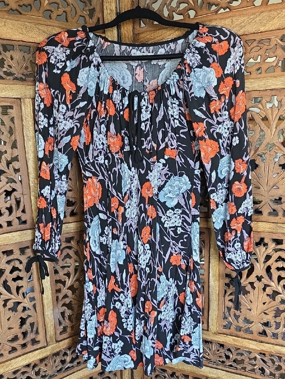 Ecote Black Long-Sleeve Floral Tie-Front Dress with Orange & Light Blue Blooms